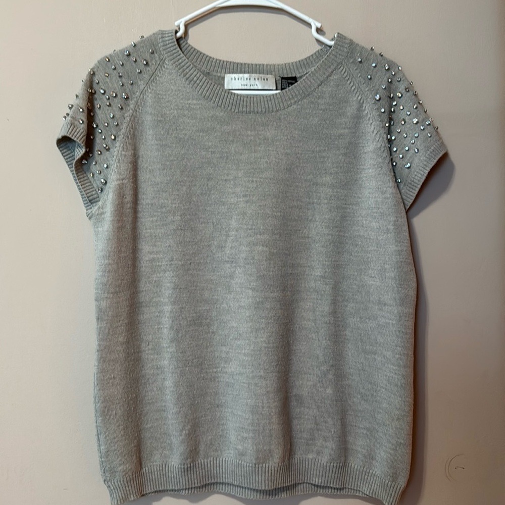 Charles Nolan New York Embellished Shoulder Sweater Top Short Sleeve Knit XL
